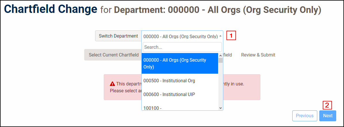 screenshot showing how to select the current department
